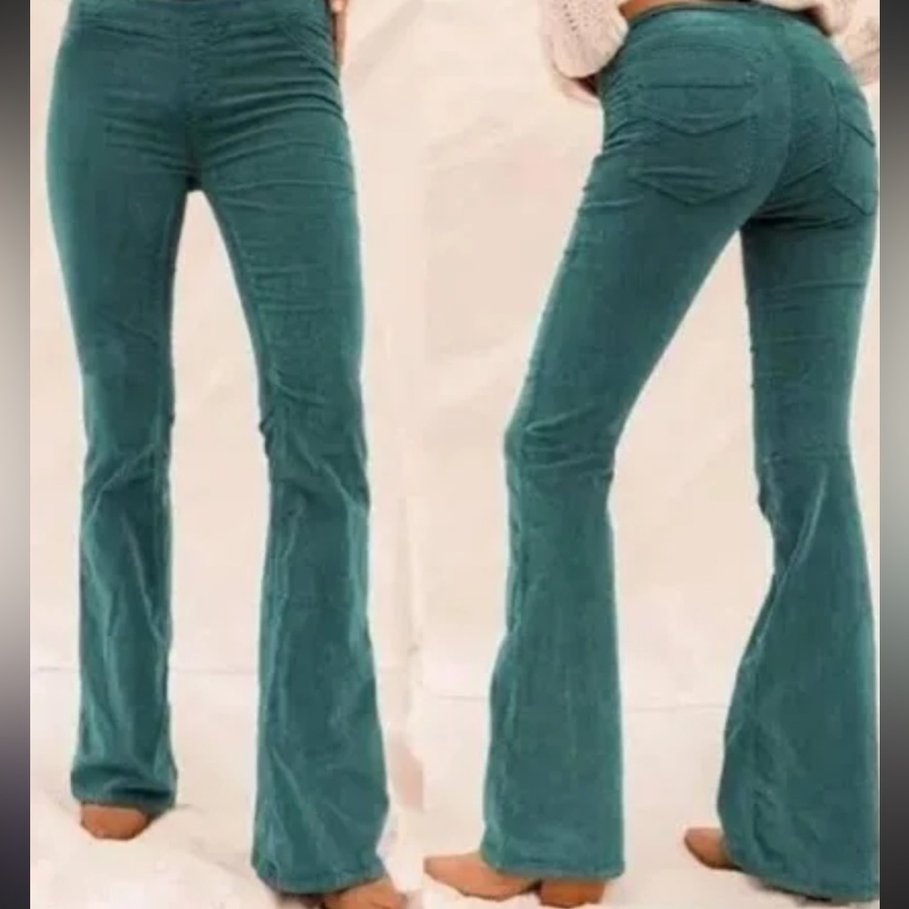Free People Pull On Corduroy Flare Pants In Shining Sea Teal Green Size 31 NWOT